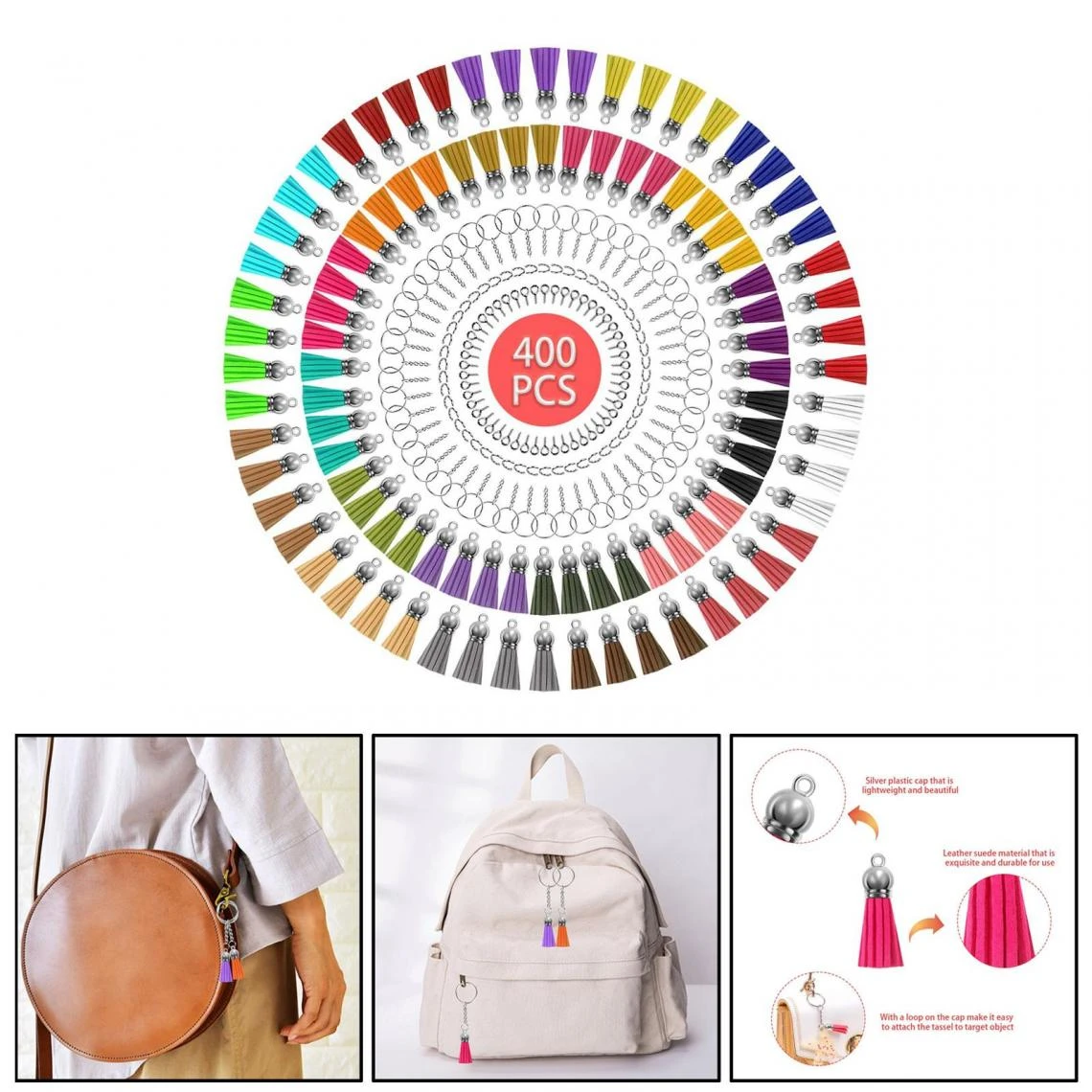 Marque Generique Porte-clés En Cuir Avec Pompon Porte-clés Anneaux De Saut – Image 3