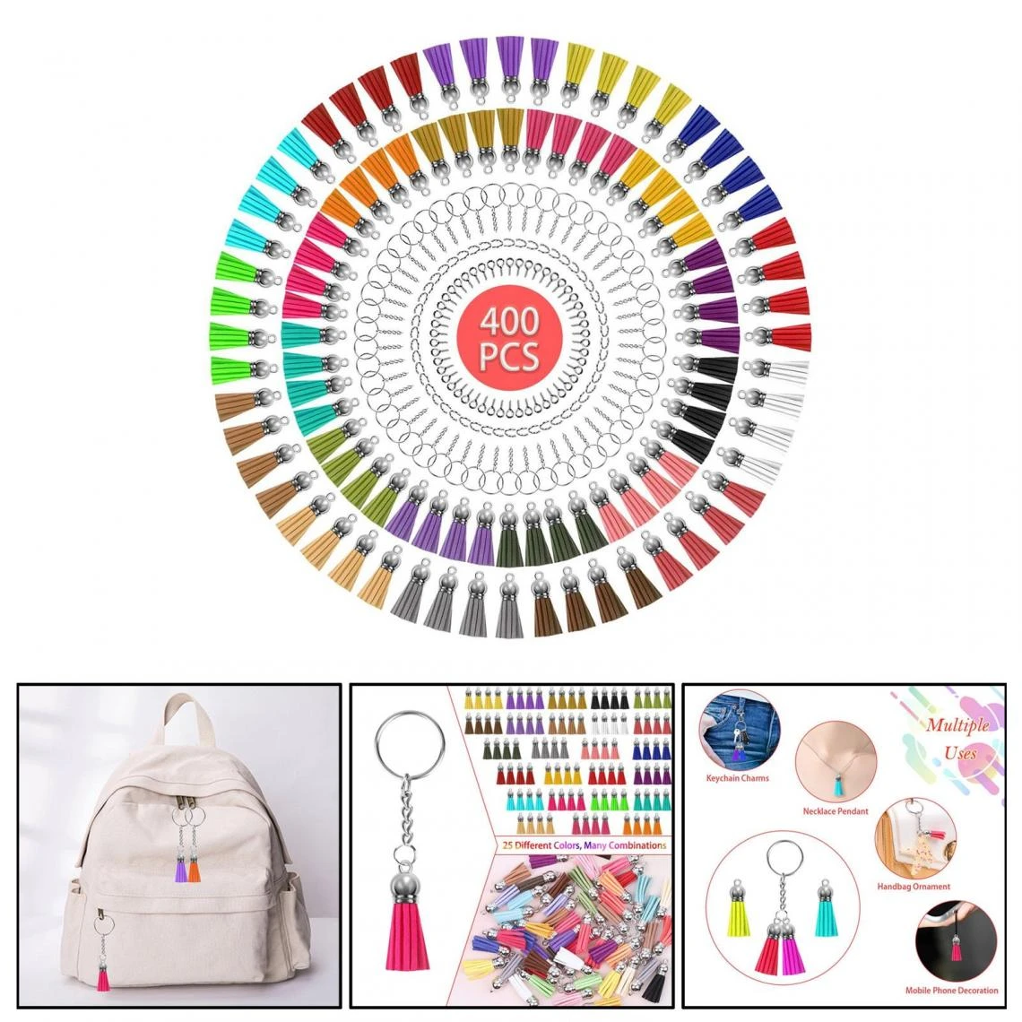 Marque Generique Porte-clés En Cuir Avec Pompon Porte-clés Anneaux De Saut – Image 4