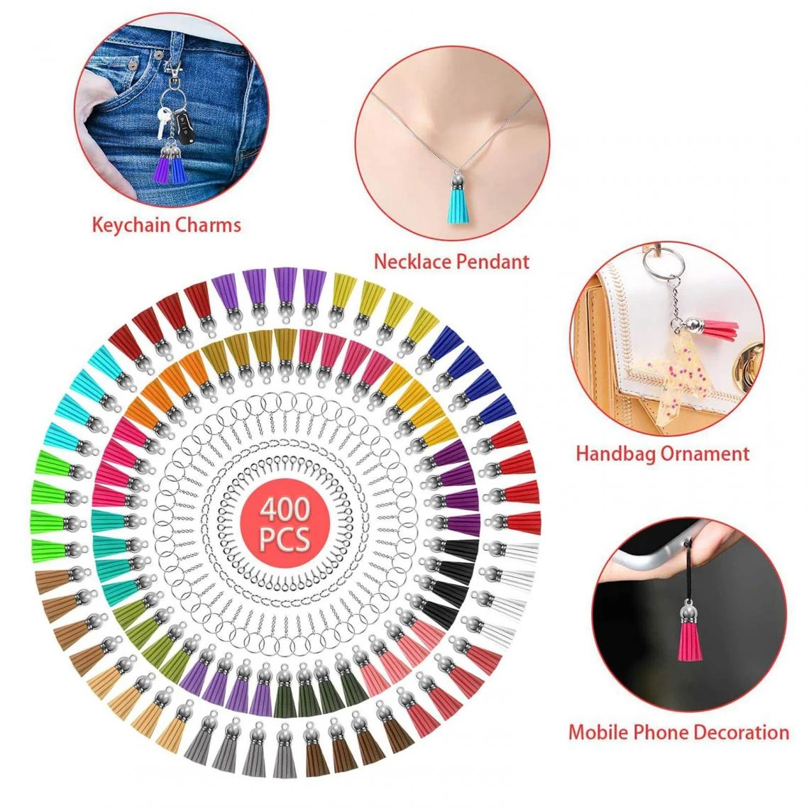 Marque Generique Porte-clés En Cuir Avec Pompon Porte-clés Anneaux De Saut – Image 5